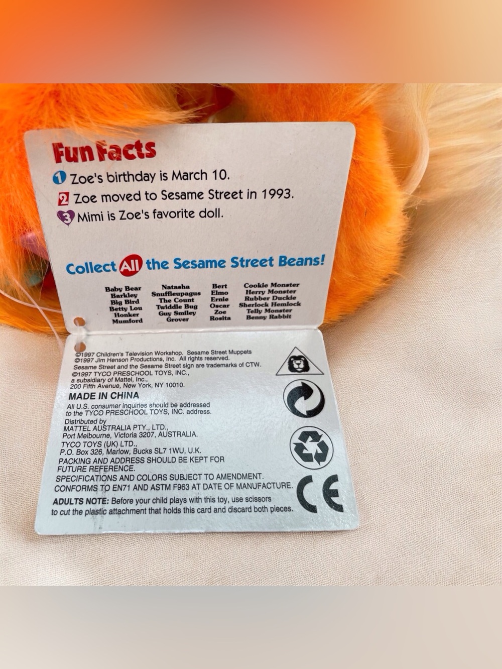 1997 TYCO Sesame Street Beans Zoe All Ages My Lovely Stuffing Toys, 8 in.(B1) - Picture 5 of 5